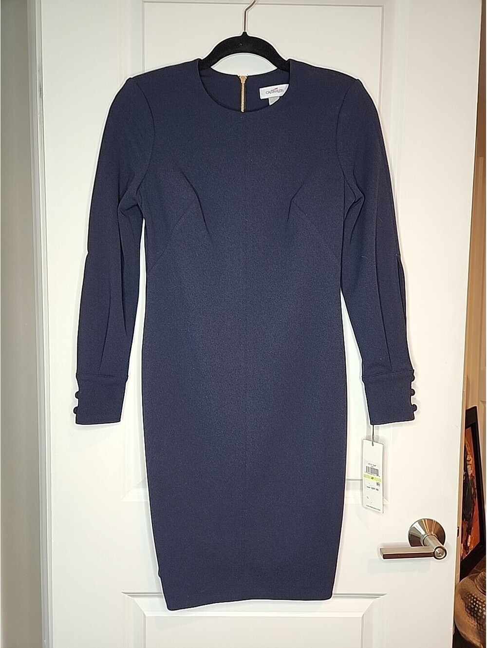 Calvin Klein Shealth Dress Women's Sz 4 Petite Navy Blue Stretch Bishop Sleeve